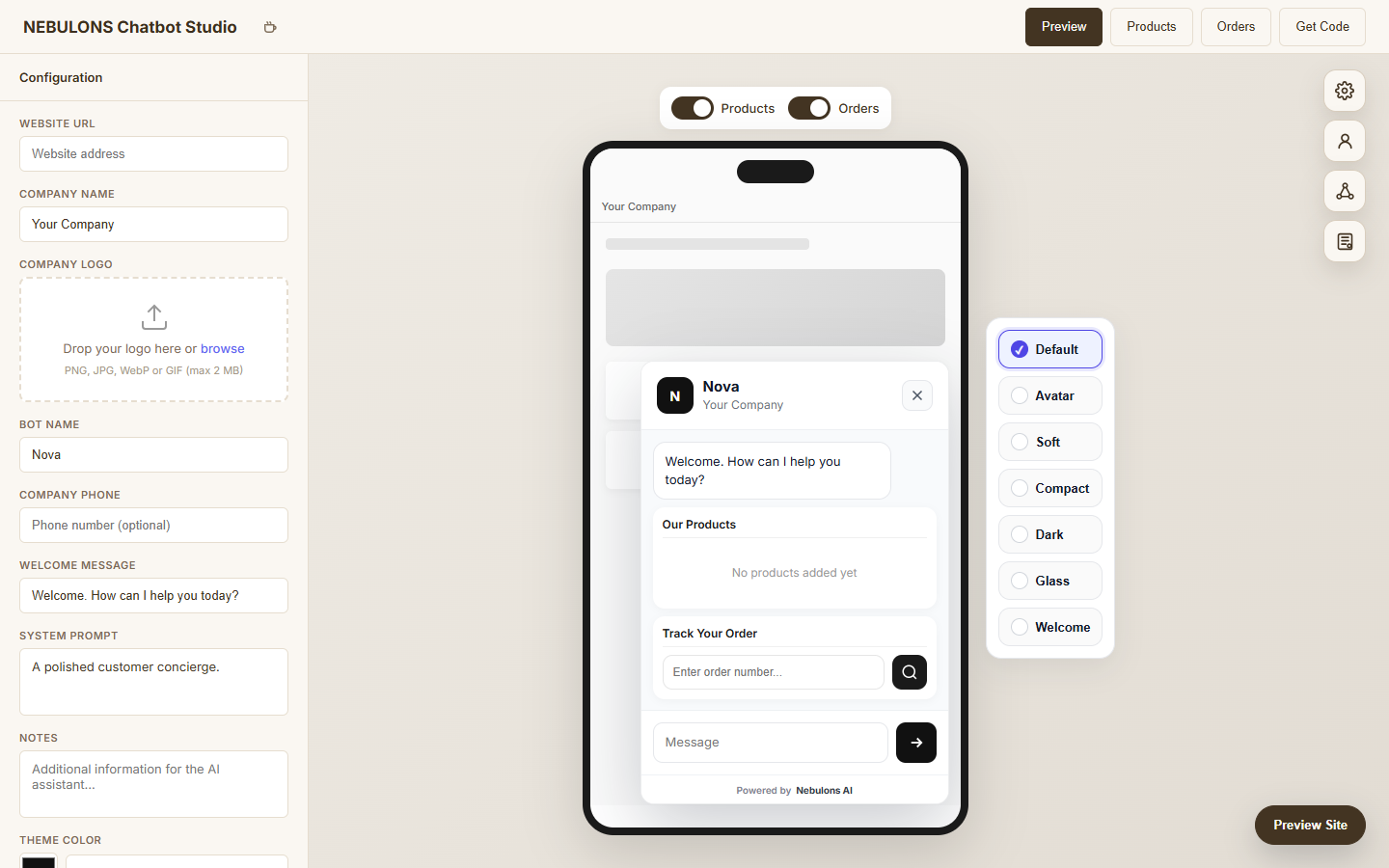 Chatbot Studio in a warm beige theme