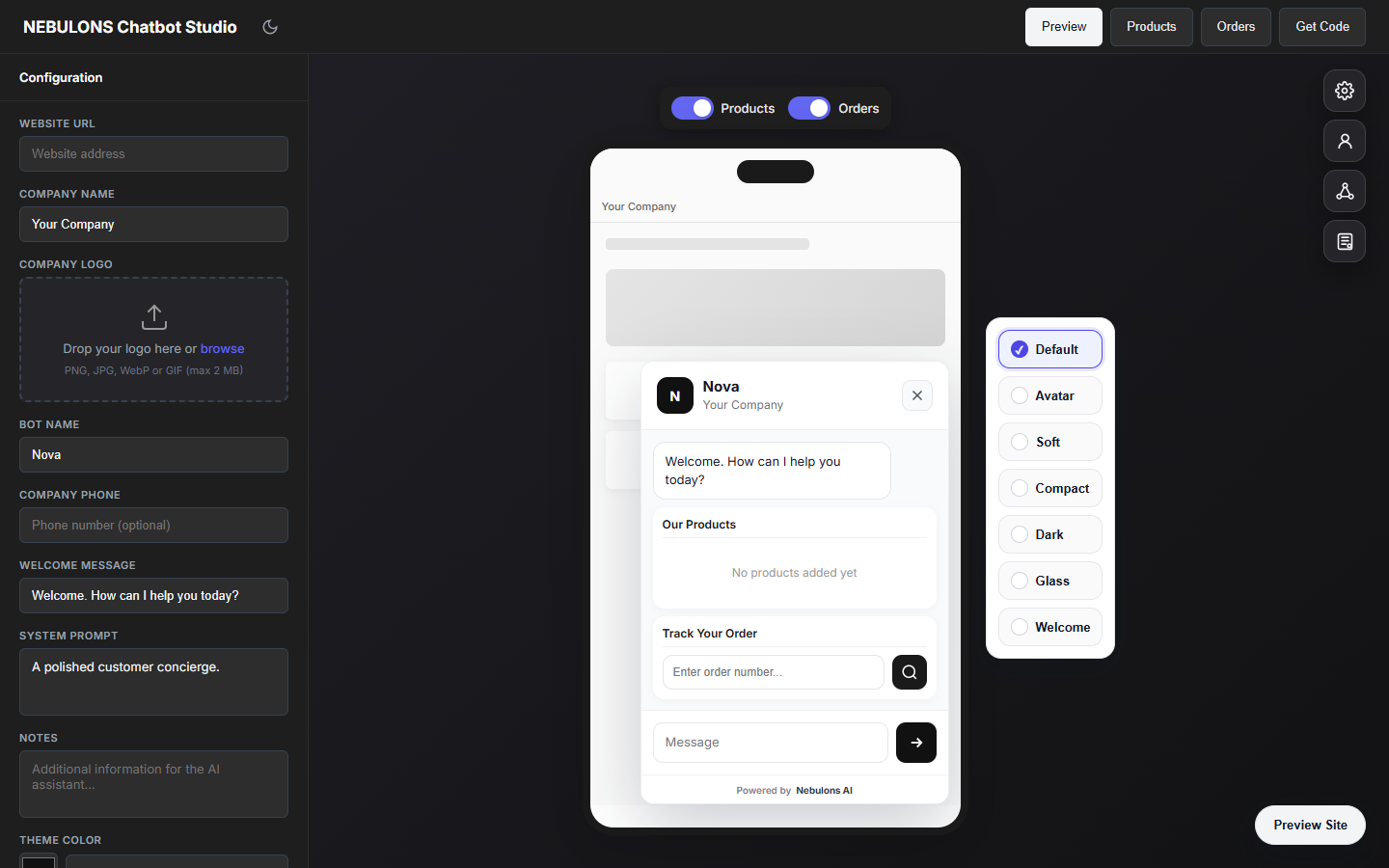Nebulons Chatbot Studio in its dark workspace theme