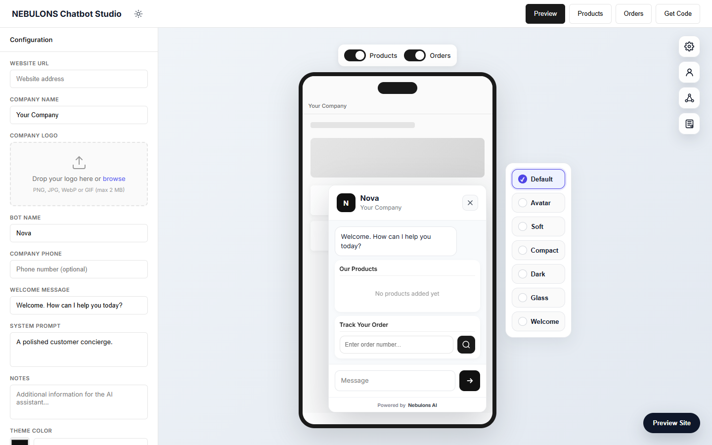 Live chatbot customization in the light Studio theme