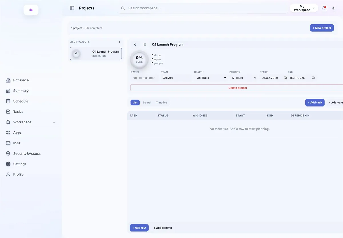 NebulonWorks running agents, projects, calendar, and mail on one surface