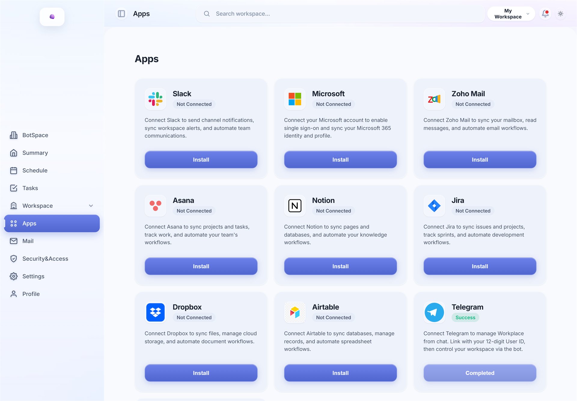 Apps directory with Slack, Microsoft, Zoho, Asana, Notion, Jira, Dropbox, Airtable, and Telegram