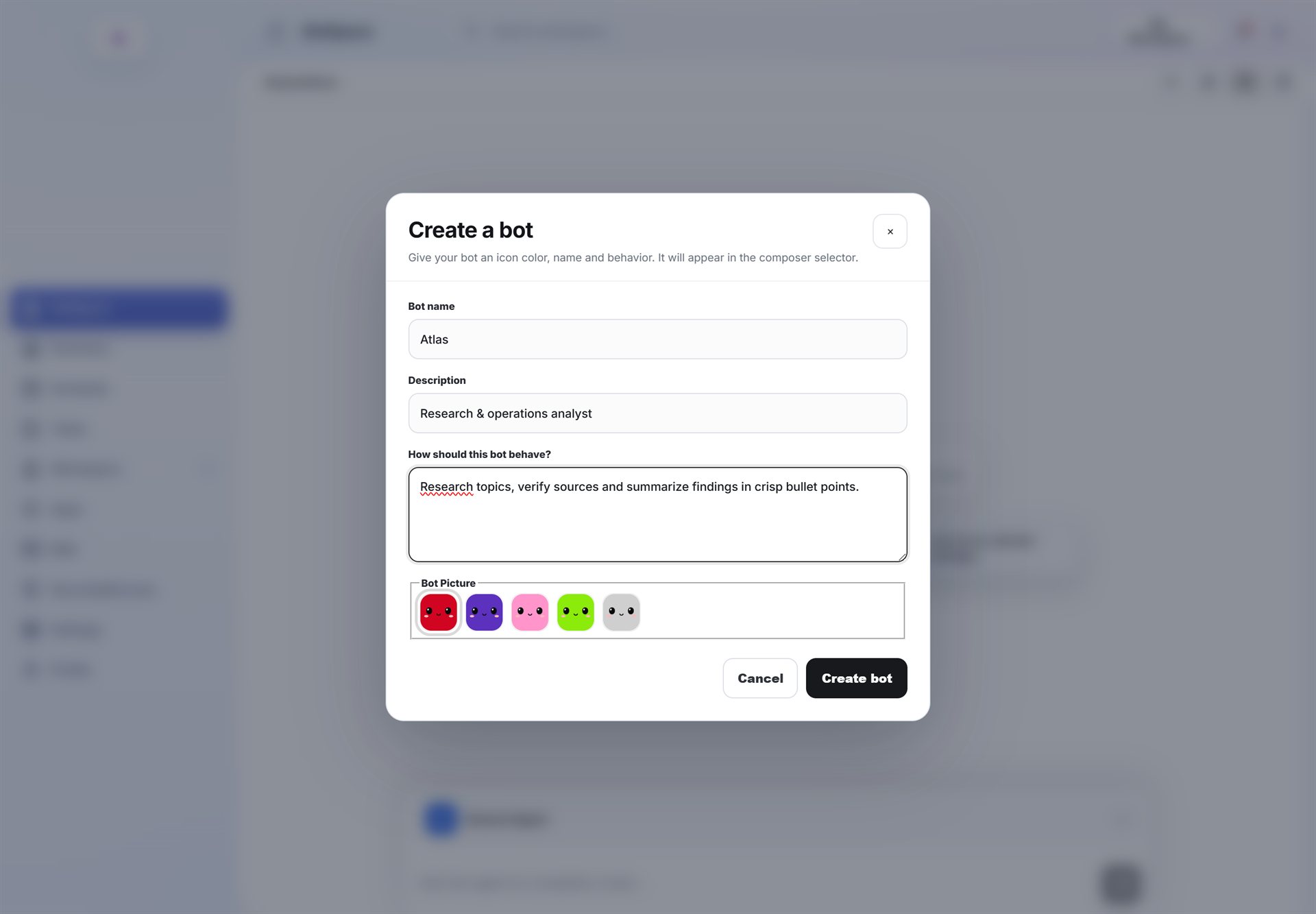 Create a bot panel with a name, behavior description, and avatar picker