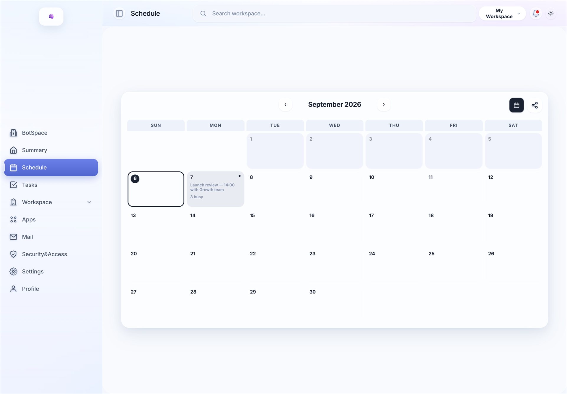 Month schedule with a noted launch review and busy times
