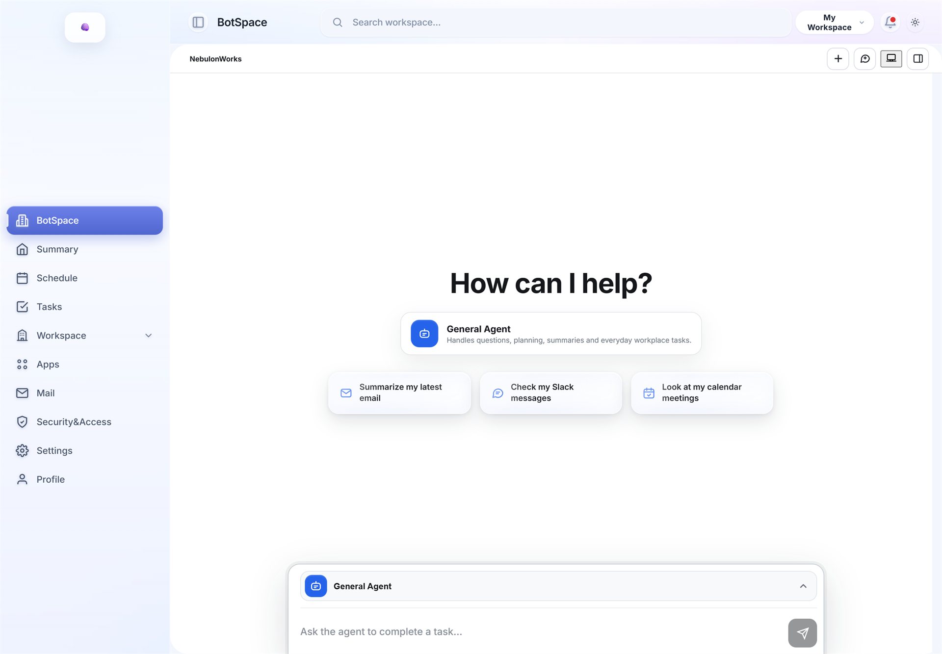 NebulonWorks BotSpace with the General Agent ready to complete tasks