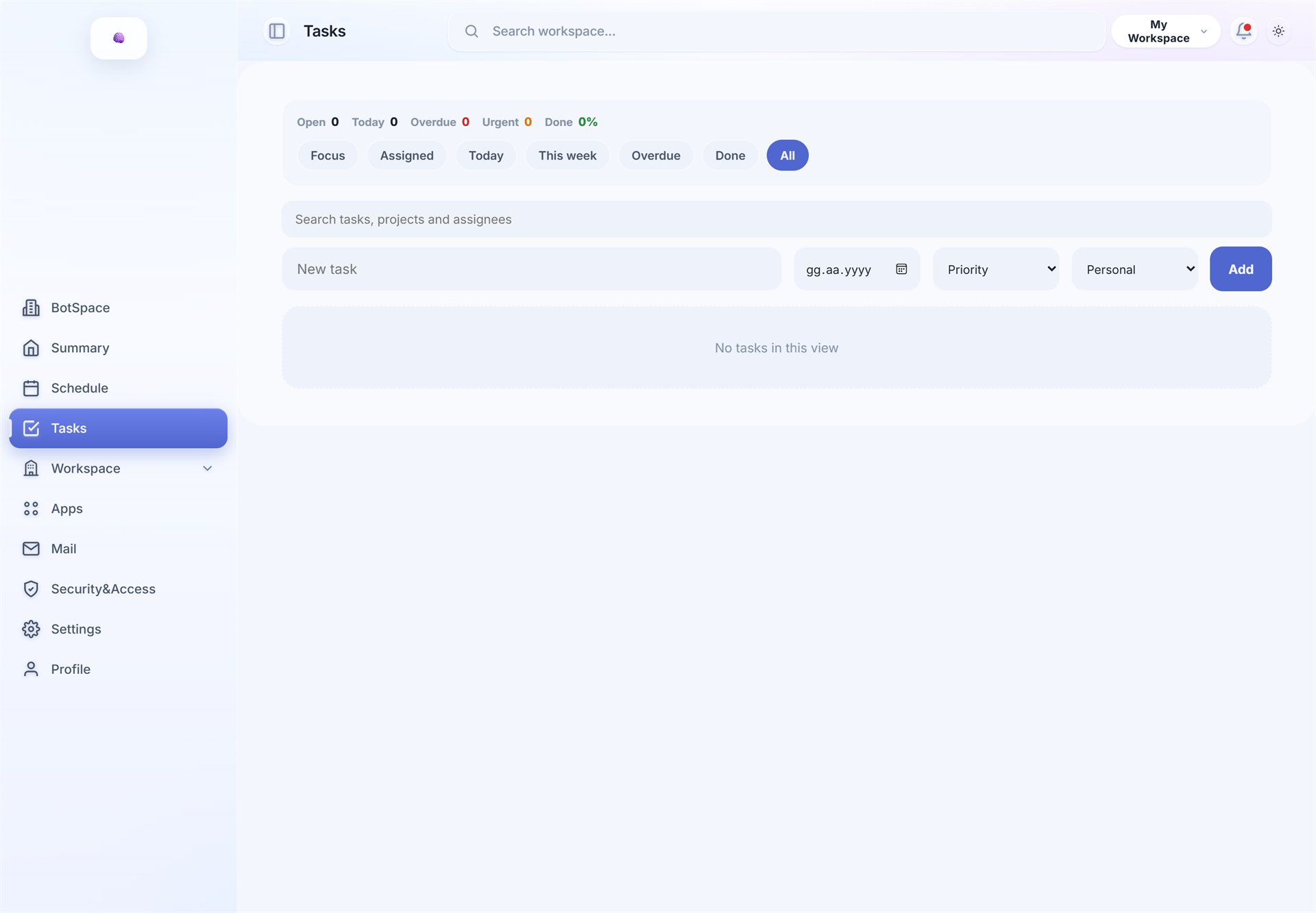 Tasks view with priorities, statuses, and a 20% done-rate