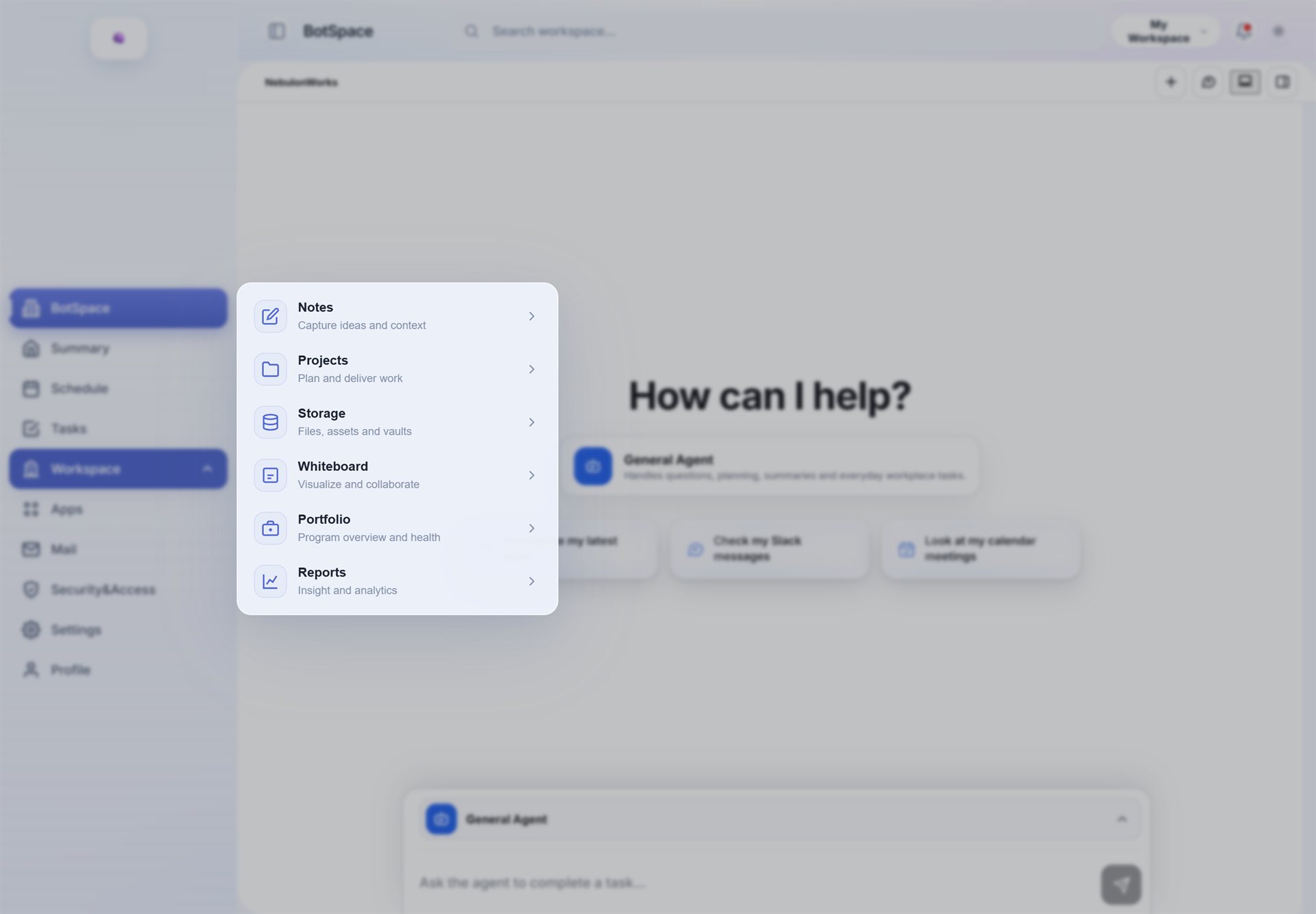 Workspace menu with Notes, Projects, Storage, Whiteboard, Portfolio, and Reports modules